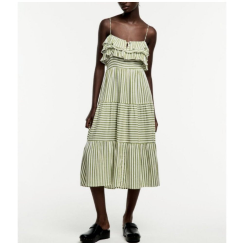 ZARA GREEN WHITE SPAGHETTI STRAP STRIPED MIDI TIERED RUFFLE DRESS